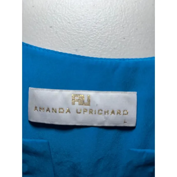 Amanda Uprichard‎ Silk Shift Dress L Blue Split Neck Tie Waist - Image 5
