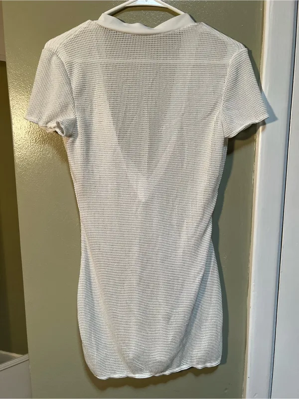 Womens Size Small Crochet Cover Up Beach Dress Short Sleeve V-Neck White Stretch - Image 8