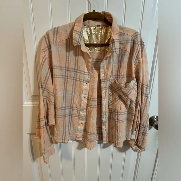 Free People Cotton Cropped Plaid Coral Light Pink Peach Button Down - Image 2