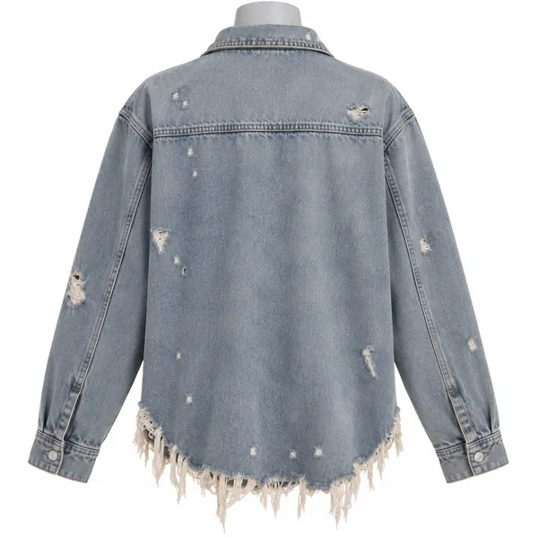 Zara Distressed Frayed Hem Denim Shirt Jacket Light Wash Blue XL Oversized - Image 3
