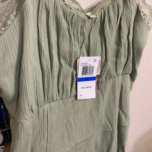 NWT Women’s Sage Green Mini Dress Lace Strap Boho Sundress - Image 3