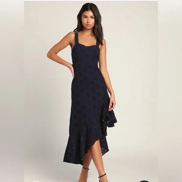 Lulus Navy Blue Holiday Sleeveless Trimmed Embroidered‎ Asymmetric Dress Sz M - Image 3