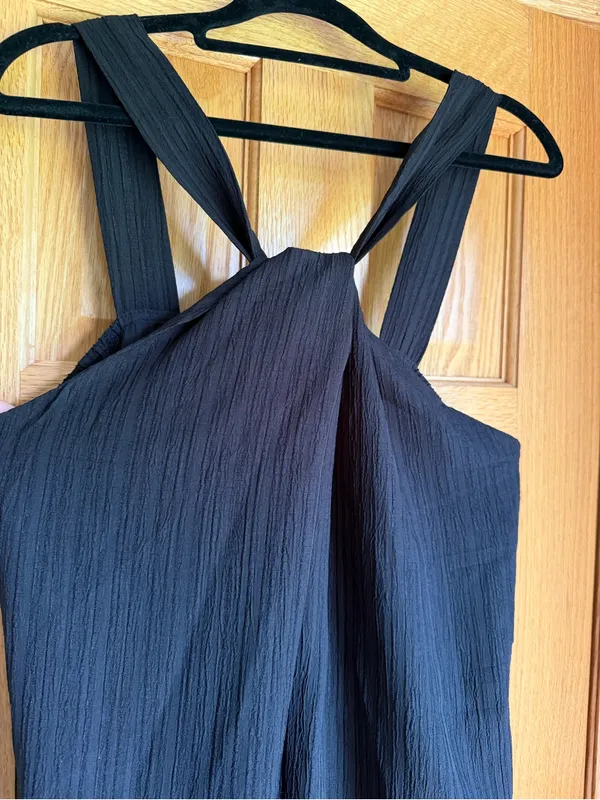 Kikibell Black Halter Maxi Dress Plisse Crinkle Flowy Summer Vacation Medium - Image 5