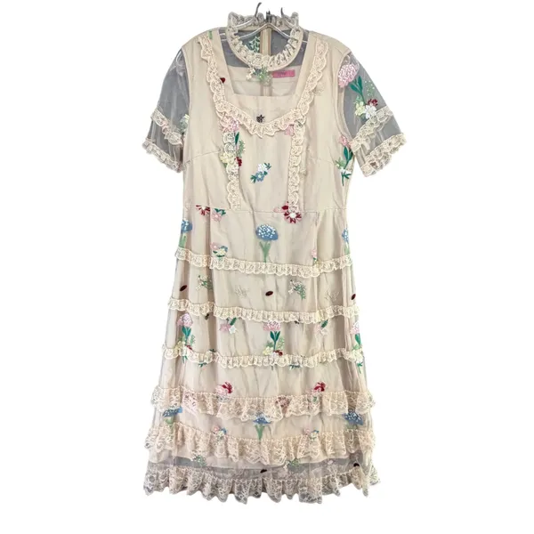 Cottagecore‎ Lace Tiered Midi Dress Embroidered Floral Prairie Fairy 2extremz L - Image 2