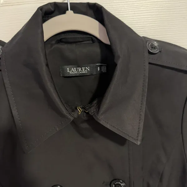 Lauren Ralph Lauren Black Label Trench Coat Black Small Lined NO BELT Preppy - Image 12