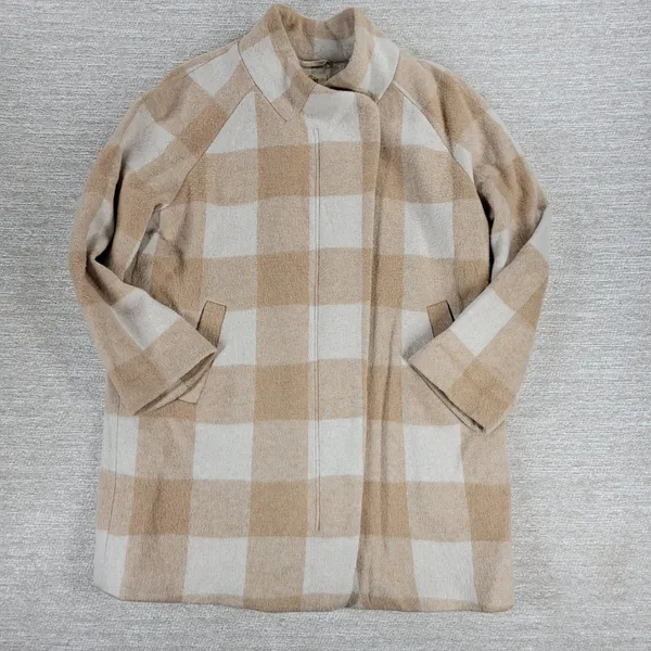 Marine Layer Wool Blend Coat Womens Med Beige Tan Plaid Check Pattern - Image 6
