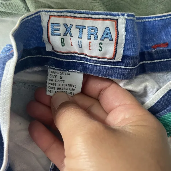 Extra Blues Vtg. 1990's High Rise Shorts Blue Green Stripes 100% Cotton Size 5 - Image 5