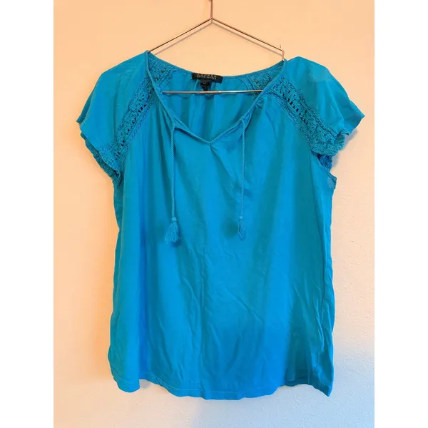 Lauren Ralph Lauren T-Shirt Women L‎ Blue Boho Crochet Lace Tassel Tie Top - Image 2