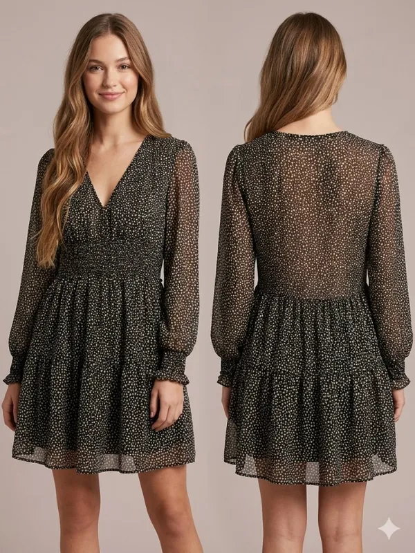 Zara Green & White Polka Dot Mini Dress – Long Sleeve Smocked Waist, Size M - Image 8
