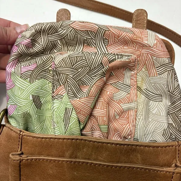 THE SAK Leather Crossbody Bag Pockets Tan Brown Adjustable Cane Ribbon Detail - Image 9