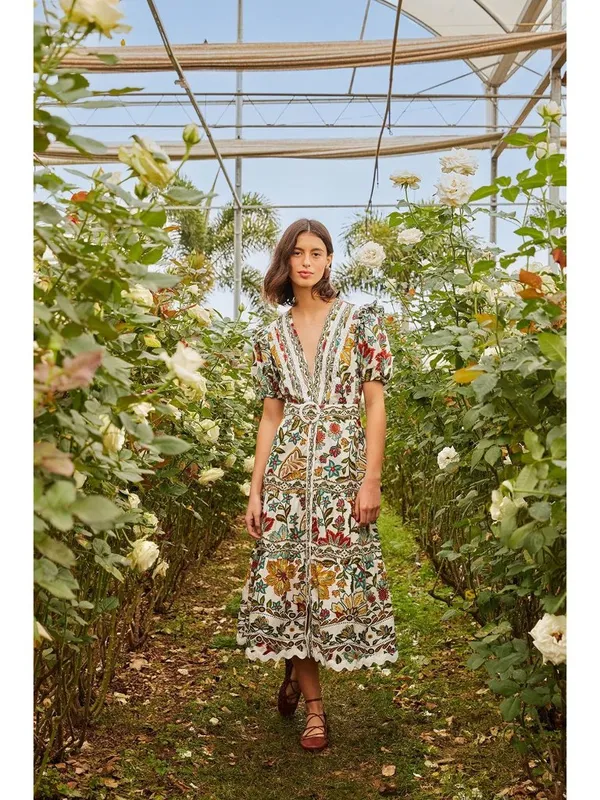 FARM Rio Botanicals Belted Midi Dress in Small Womens Cotton Poplin Floral - Image 16
