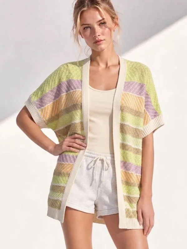 NEW Very J Open Front Cardigan Sweater SMALL Short Sleeve Striped Pastel Beige - Image 2