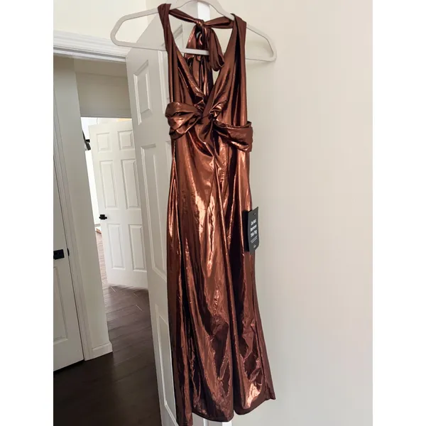 Lulus Lionette Dark Bronze Metallic Twist-Front Halter Midi Dress Size M - Image 3