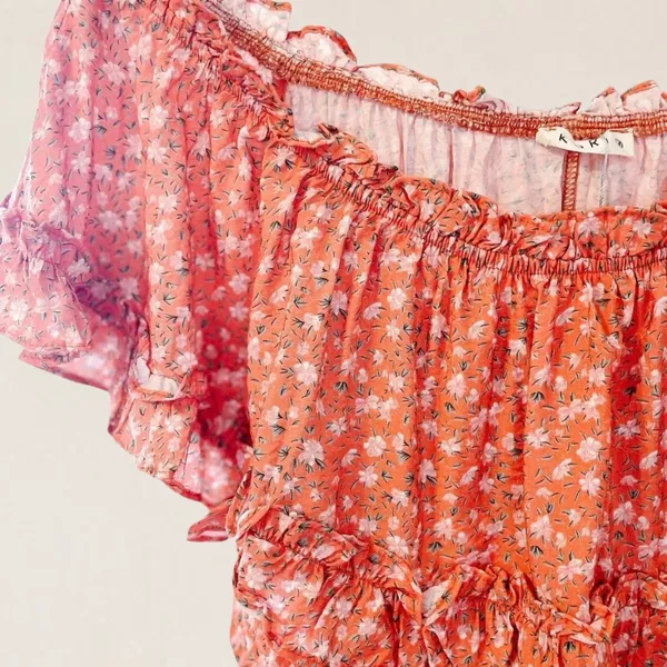 Kori America Orange Ditsy Floral Smocked Off The Shoulder‎ Mini Dress Size Small - Image 5