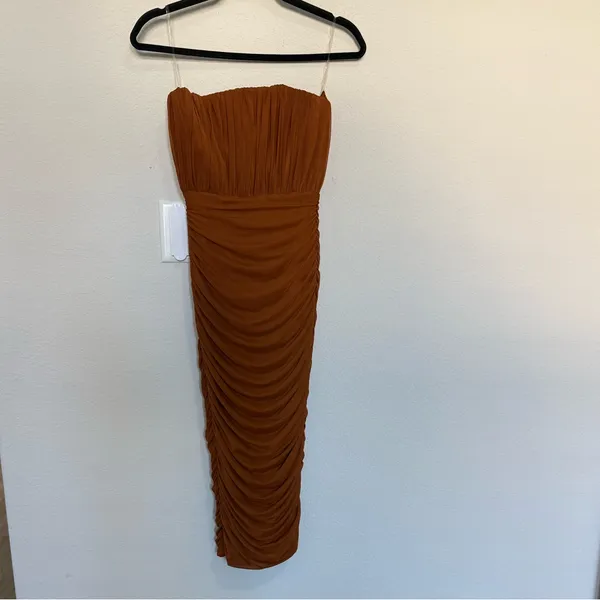 OH POLLY Cari Strapless Ruched Midi Midaxi Dress Copper Brown Size 4 NEW - Image 3