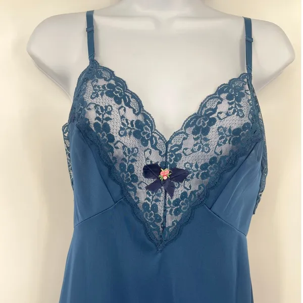 Vtg Val Mode Y2K Slip Dress Sz 32 Coquette Lace Midi Bow 90 Sheer USA Satin Blue - Image 2