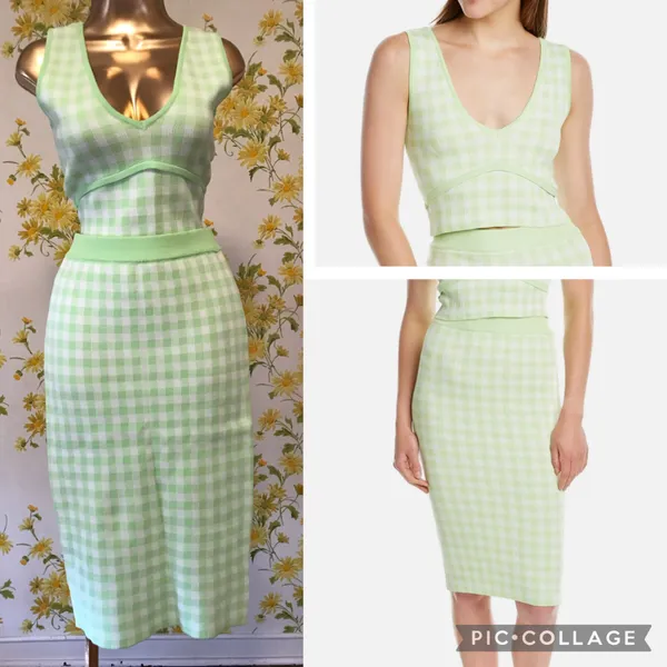 NWOT gingham knit skirt set in lime green size M - Image 10