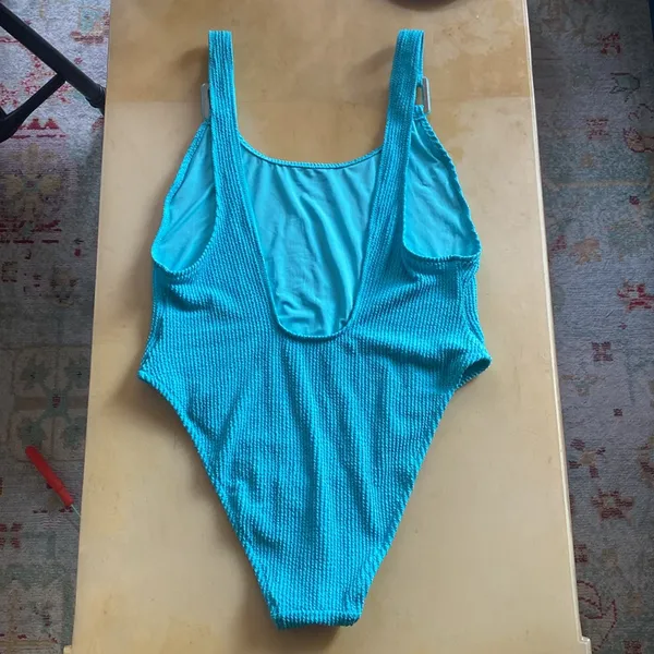 NWT XL Aerie Shimmery Crinkle Birthday Scoop Cheekiest One Piece Swimsuit Blue - Image 5