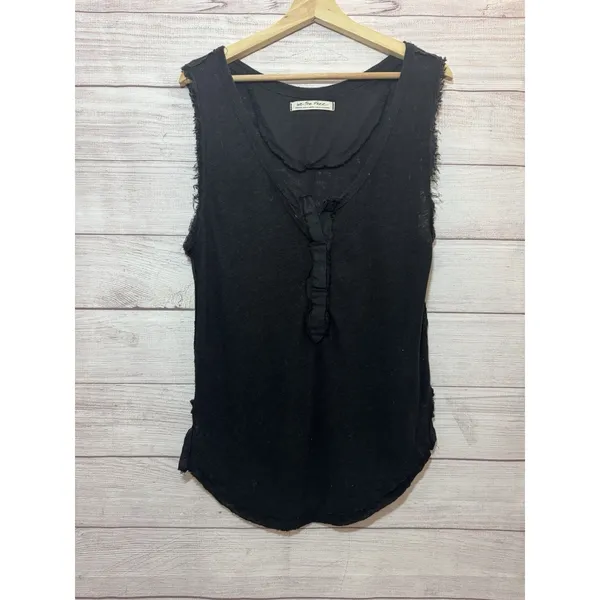 We The Free Free People Top Womens MEDIUM Black Linen Distressed Boho Cottage - Image 2