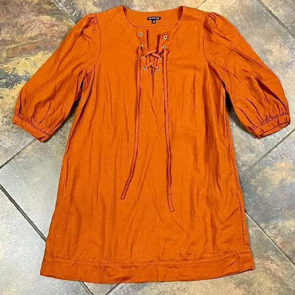 Who What Wear Burnt Orange Linen Blend Lace-Up Neckline Puff Sleeve Dress Small - Image 6