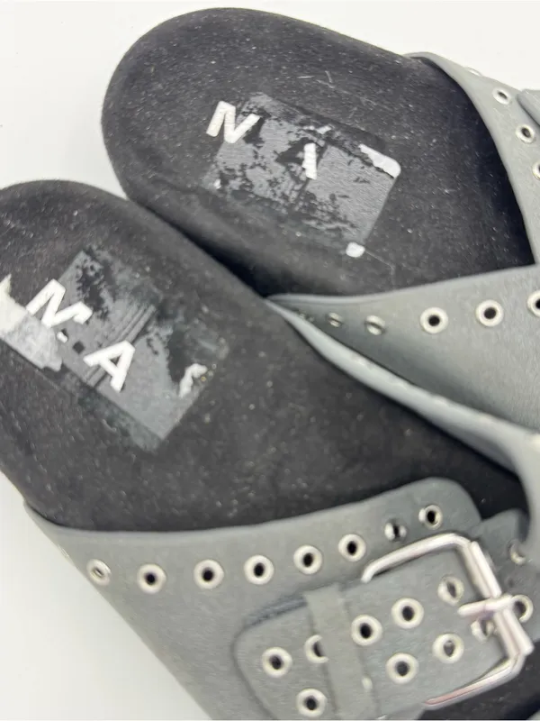 MIA Brooklyn Adjustable‎ Strap Slide Sandals Gray Silver Gromets, Size 9.5 - Image 2
