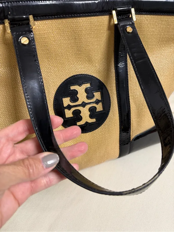 Tory Burch Tan Canvas Tote with Black Patent Leather Trim - Image 11