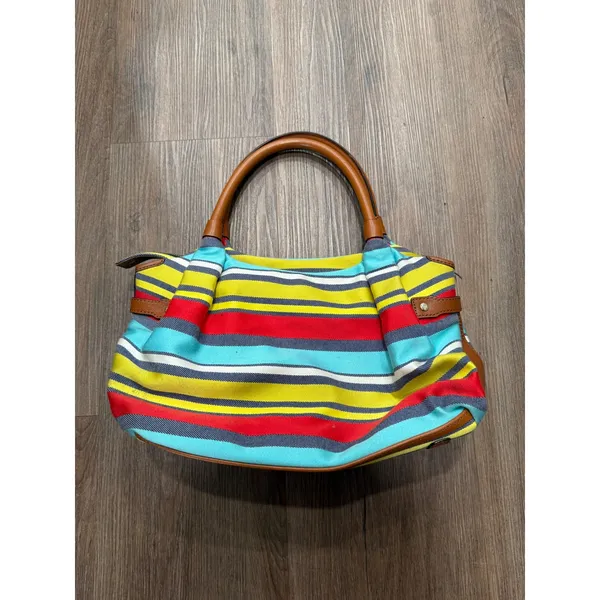 Kate Spade New York Striped Canvas‎ Satchel Bag Blue Yellow Red Tan Leather Trim - Image 2
