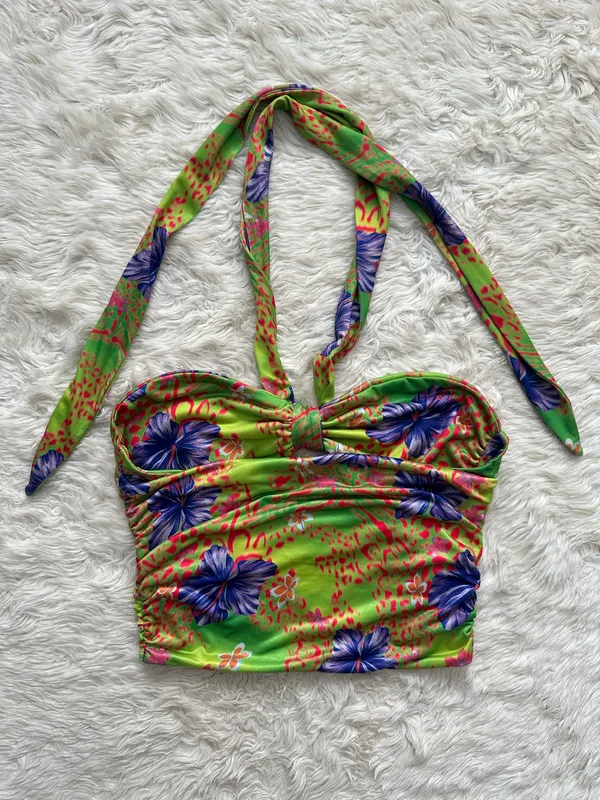 I.AM.GIA Top Isabella Halter Crop Top Cut Out Hibiscus Tropical Hawaiian Sz S - Image 2