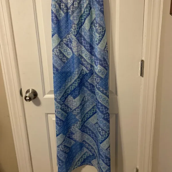 Iris Los Angeles Strapless Maxi Dress Womens Small Blue White Mosaic Lace Cutout - Image 2