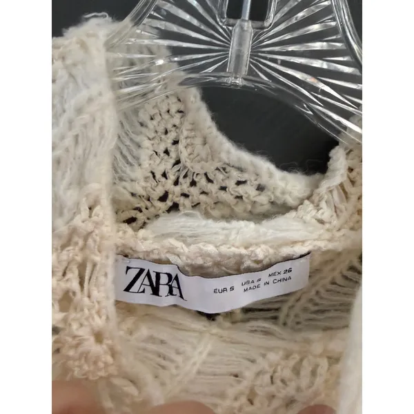 Zara Womens Cream Open‎ Knit Crochet Turtleneck Sweater Wavy Diamond Boho Small - Image 4