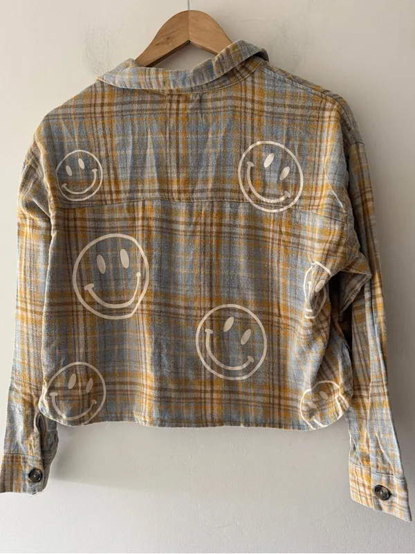 Altar’d State Plaid Crop Button Down Smiley‎ Face Top - Image 3
