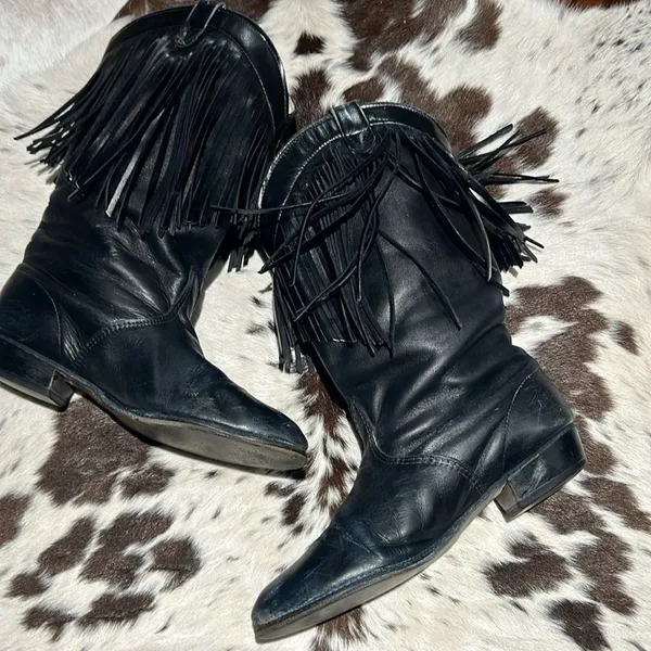 Vintage Black Real Leather Fringe Cowboy Boots Festival Rave Burning‎ Man A21 - Image 9