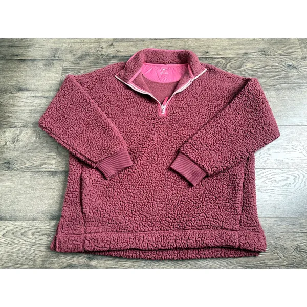 Aerie Women's Sherpa‎ pullover 1/4 zip Sweater Jacket Super Soft Wine Color Sz M - Image 3