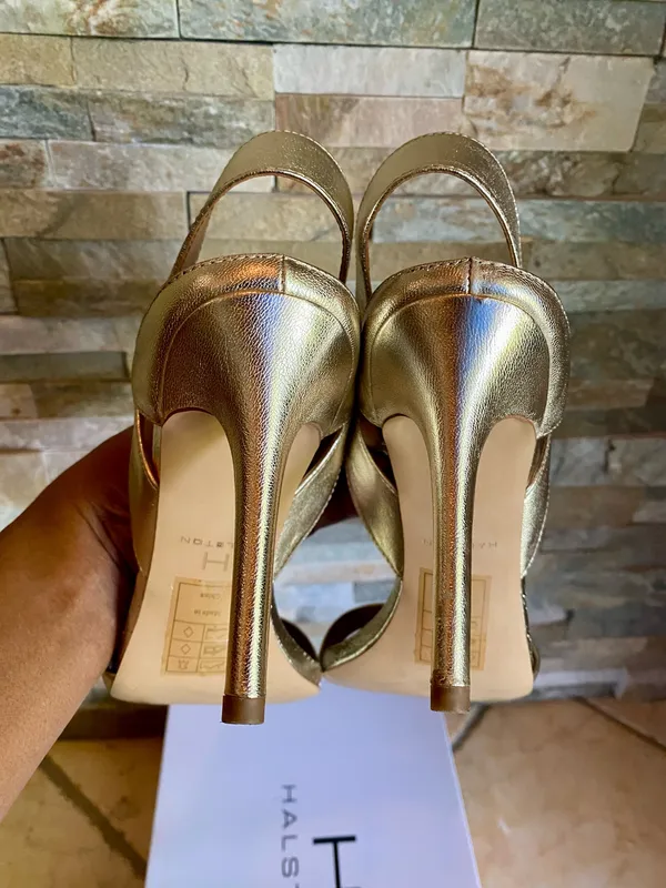 H by Halston Metallic Gold Leather Ankle Strap Sandals - Image 4