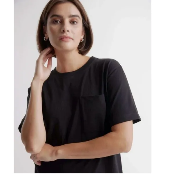 Quince Relaxed T-Shirt Dress Womens S Black Organic Cotton Pocket Casual - Image 2