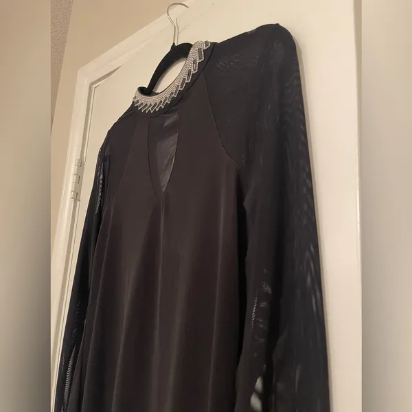 Moa Moa Rhinestone Collar Top with Sheer Mesh Panels - Size S - Image 2