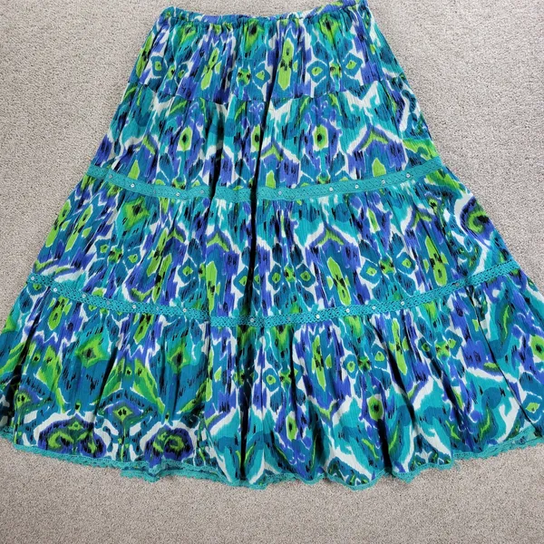 Vintage Notations A-line Skirt Womens L Blue Boho Watercolor Tiered Flowy Hippie - Image 5