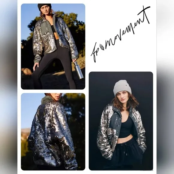 Free People Movement Hit The Slopes Sequin Jacket Shadow Combo Large $298 NWOT - Image 2