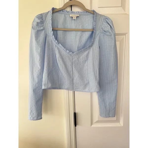 TOPSHOP Baby Blue Gingham Ruffle Sweetheart‎ Neck Crop Top Long Sleeve Size US 2 - Image 3