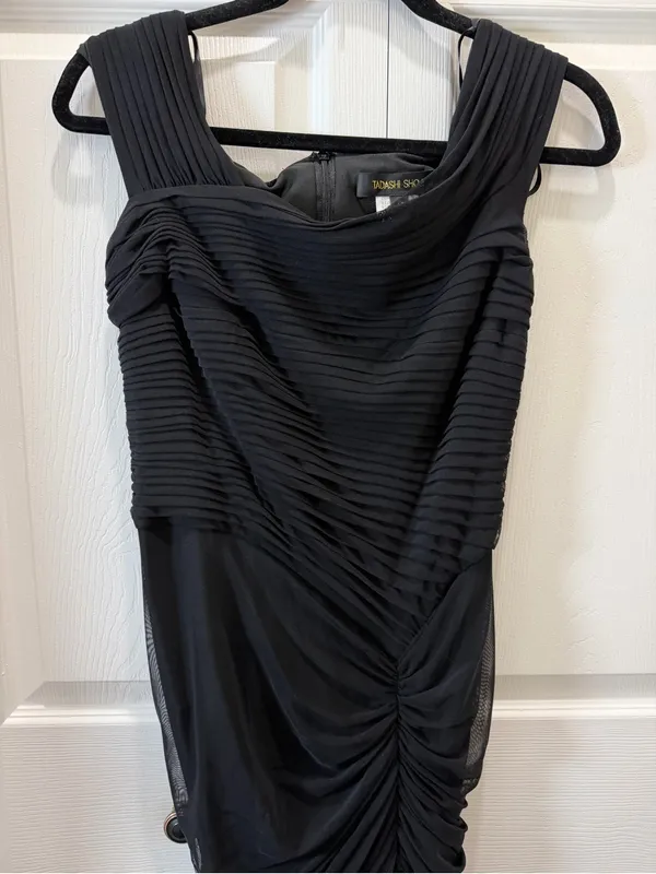 Tadashi Shoji Black Draped Mesh Evening Gown M - Image 3