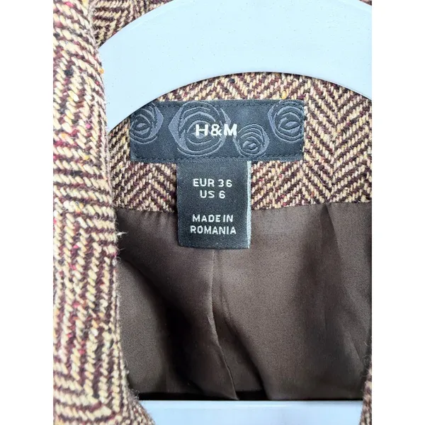H&M Womens Blazer Brown Herringbone Tweed Double‎ Breasted Academic 6 - Image 4