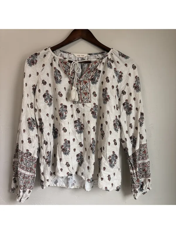 Lucky Brand Floral Print Bohemian Blouse Small Cream Long Sleeve Tassel - Image 2