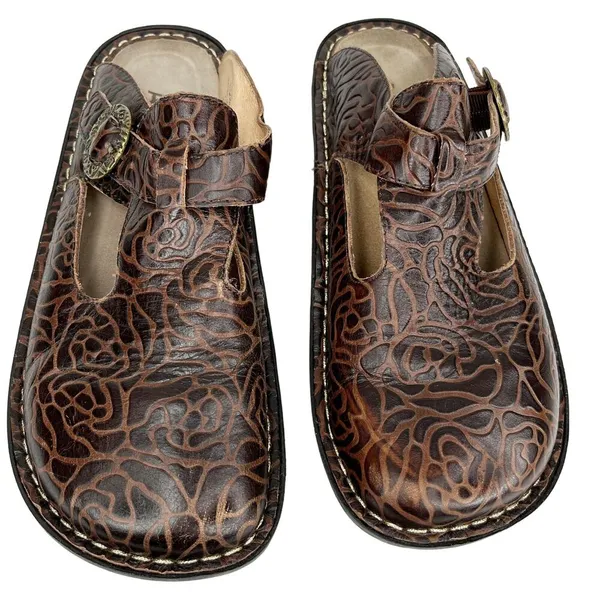Alegria Rose Embossed Brown Leather Clogs 38 ALG-532 - Image 2