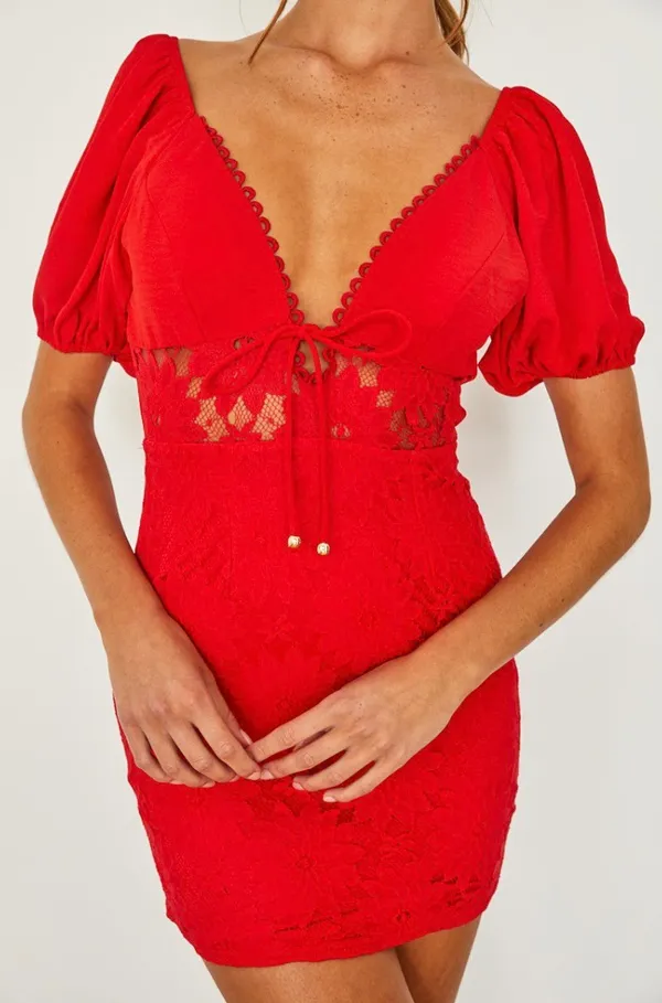 One and Only Collective Lace Inset Puff Sleeve Dress - Image 5