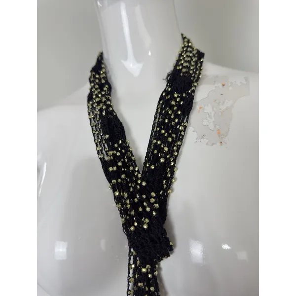 Women’s Black Crocheted Gold Bead Fringe Necklace Scarf Belt 72x2 - Image 6