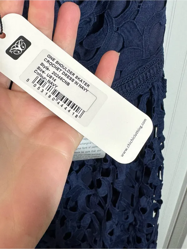 Chi chi London Curve One Shoulder Skater‎ Crochet Dress In Navy size 14 NWT - Image 3