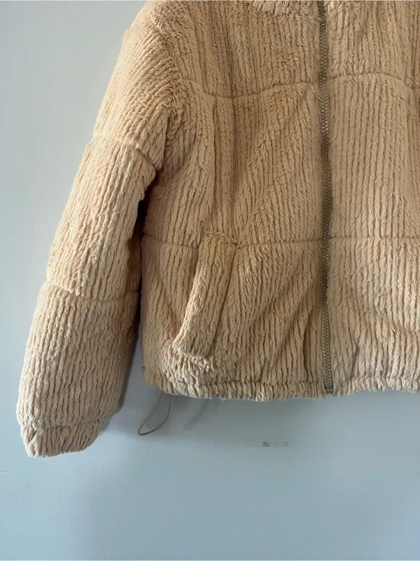 Forever 21 Cream Yellow Teddy Plush Zip Up Jacket Medium Cozy Winter Neutral - Image 3