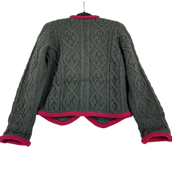 Lands’ End Vintage Shetland Wool Cardigan Green Pink Trim Cable Knit Jacket L - Image 6