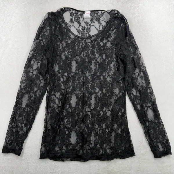 Whimsigoth Large Top Sheer Black Floral Lace Long Sleeve Scoop Neck Coquette - Image 2