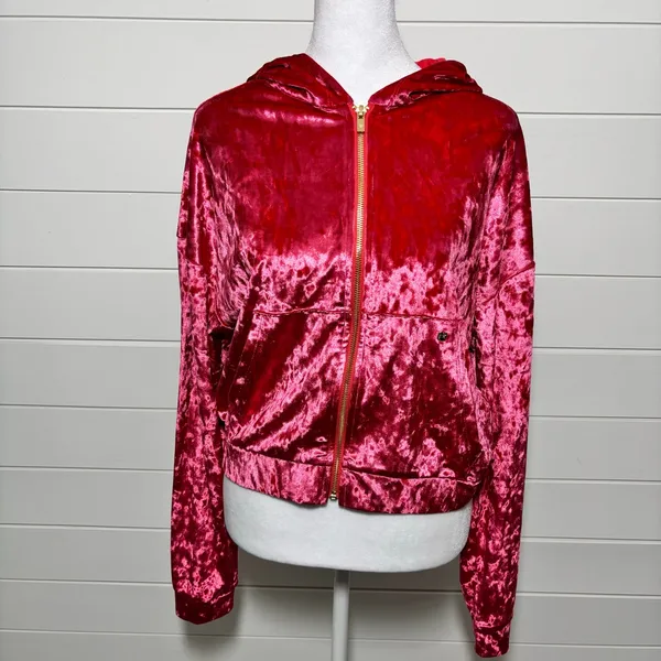 Fabletics Crushed Velour Full Zip Hoodie Jacket Size‎ S Red Strawberry New - Image 5